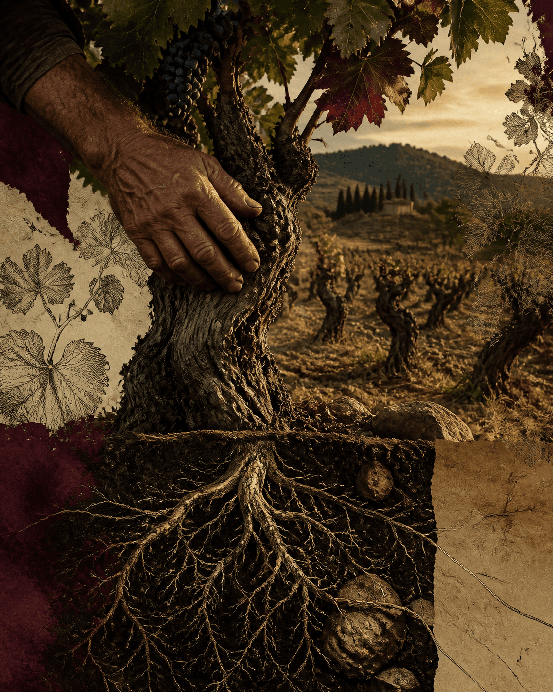 Mains de vigneron sur un vieux cep dont les racines plongent dans la terre